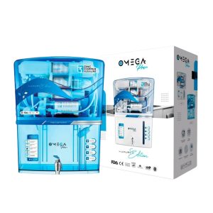 Image of Omega RO+UV+TDS Water Purifier with 12-liter storage, stylish wall-mounted design, and advanced filtration features.